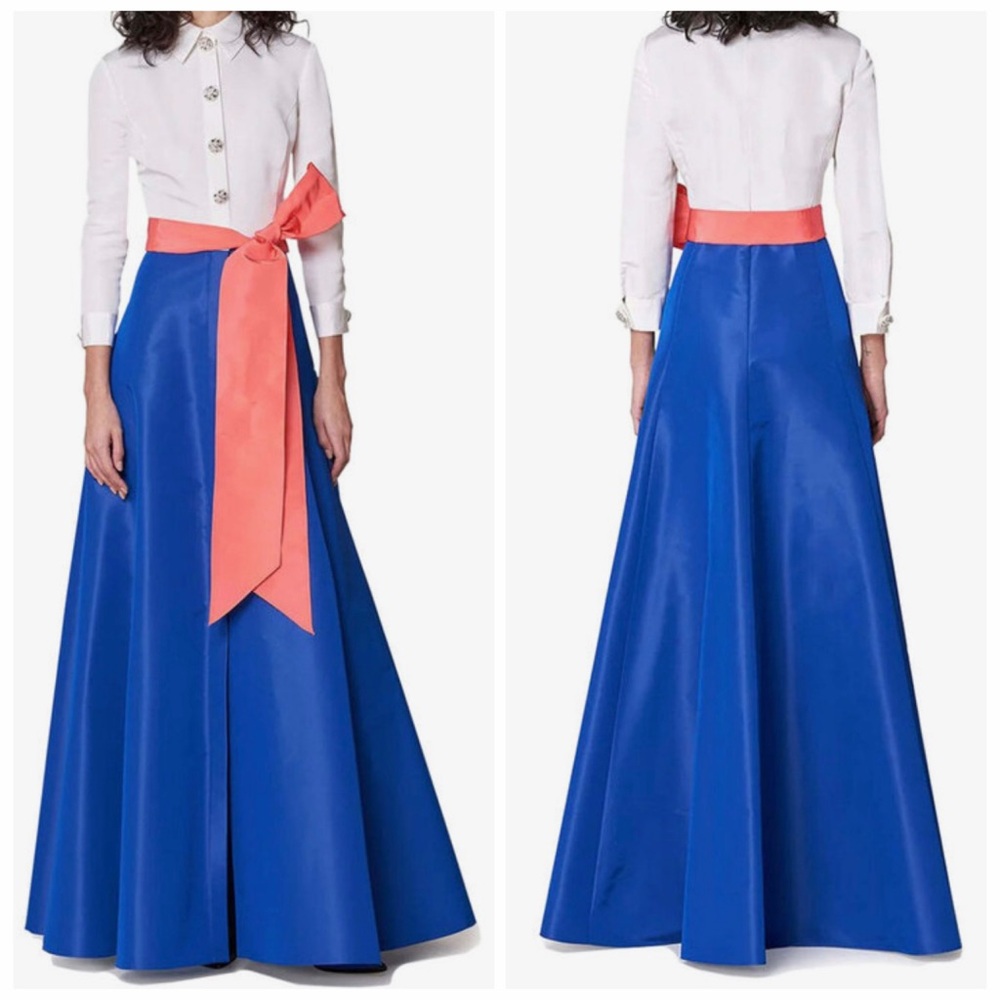 Carolina Herrera Blue Shirt Dress Colorblock Bow Belt 10 Wedding Formal NWT 🟡 - Picture 3 of 15